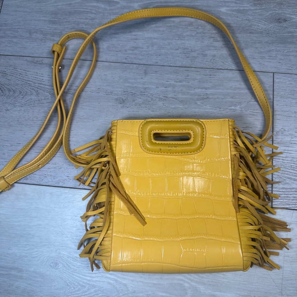 Maje mini embossed leather M bag cross body shoulder handbag yellow purse fringe - Picture 2 of 15